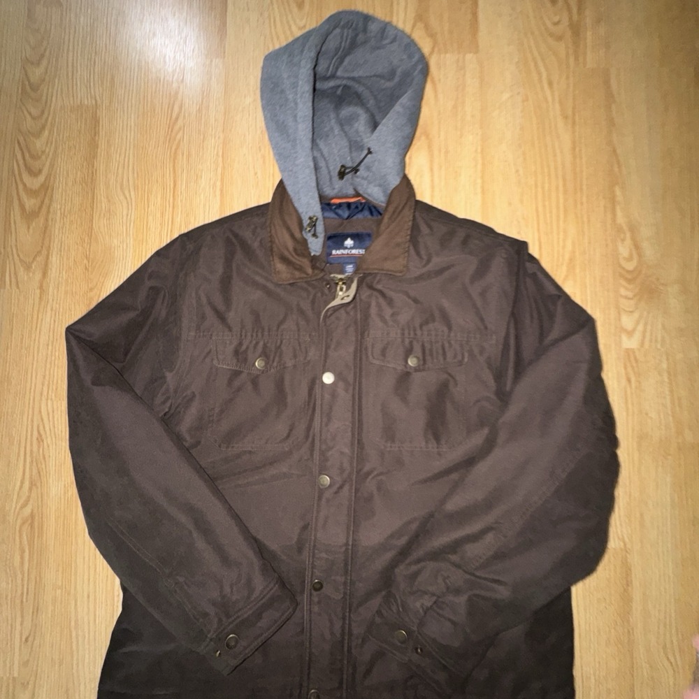 Men's Large Rainforest Chocolate Brown Zip & Snap Multi Pocket Jacket Hood